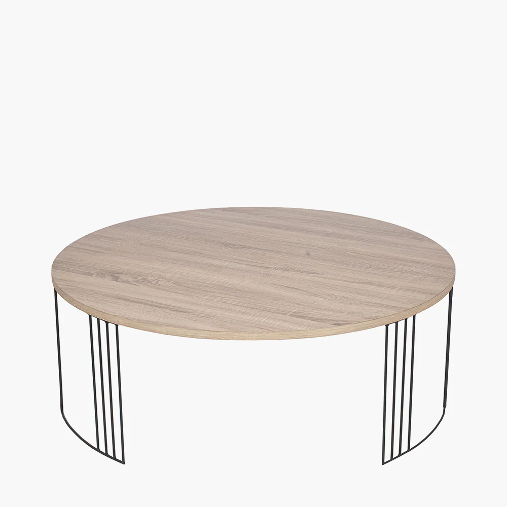 Atri Dark Oak Wood Veneer and Black Metal Coffee Table