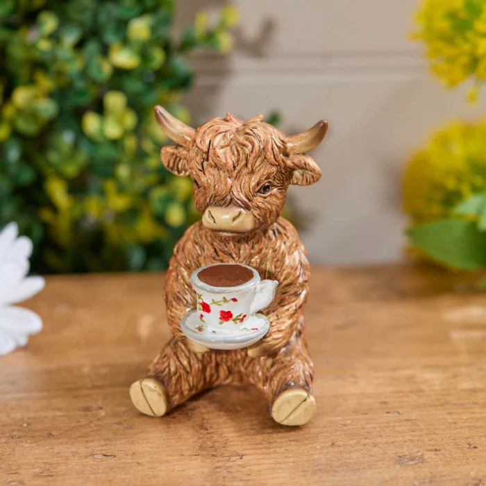 Highland Cow With Teacup Resin Ornament