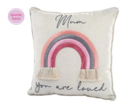 Rainbow Mum Cushion White Sparkle Fabric